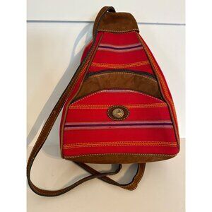 Handmade Guatemalan Red & Brown Leather Trim Backpack With Adjustable Straps